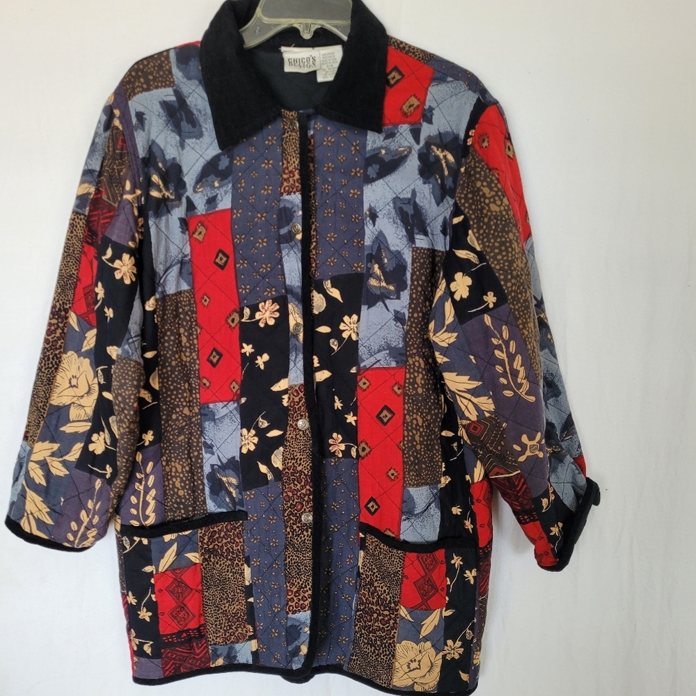 CHICOS DESIGN Quilt Jacket Size M Black Pockets Artsy Boho Patchwork Lagenlook